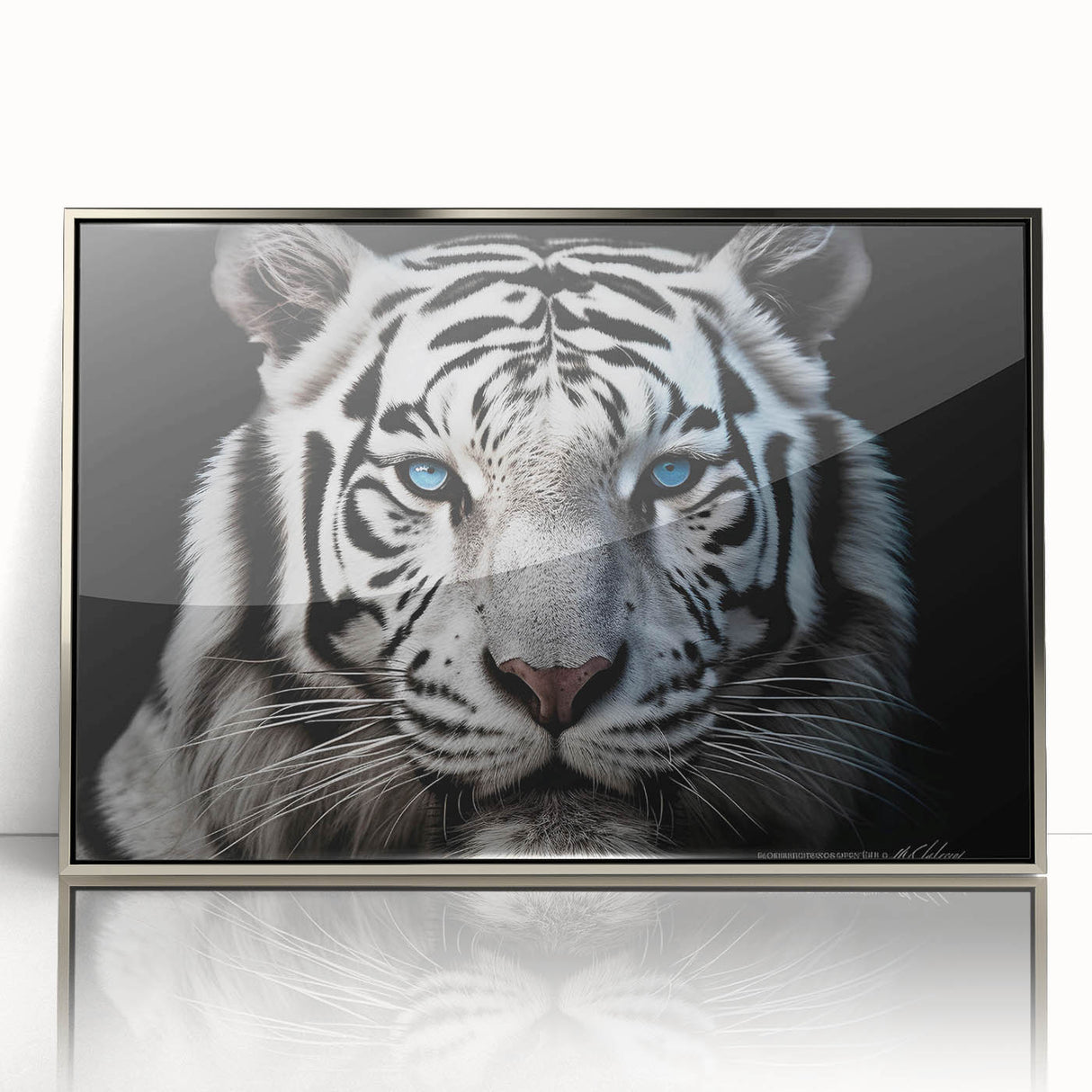Framed wall art featuring a striking silver-accented tiger design, showcasing vibrant colors and intricate details, perfect for animal lovers and modern decor.