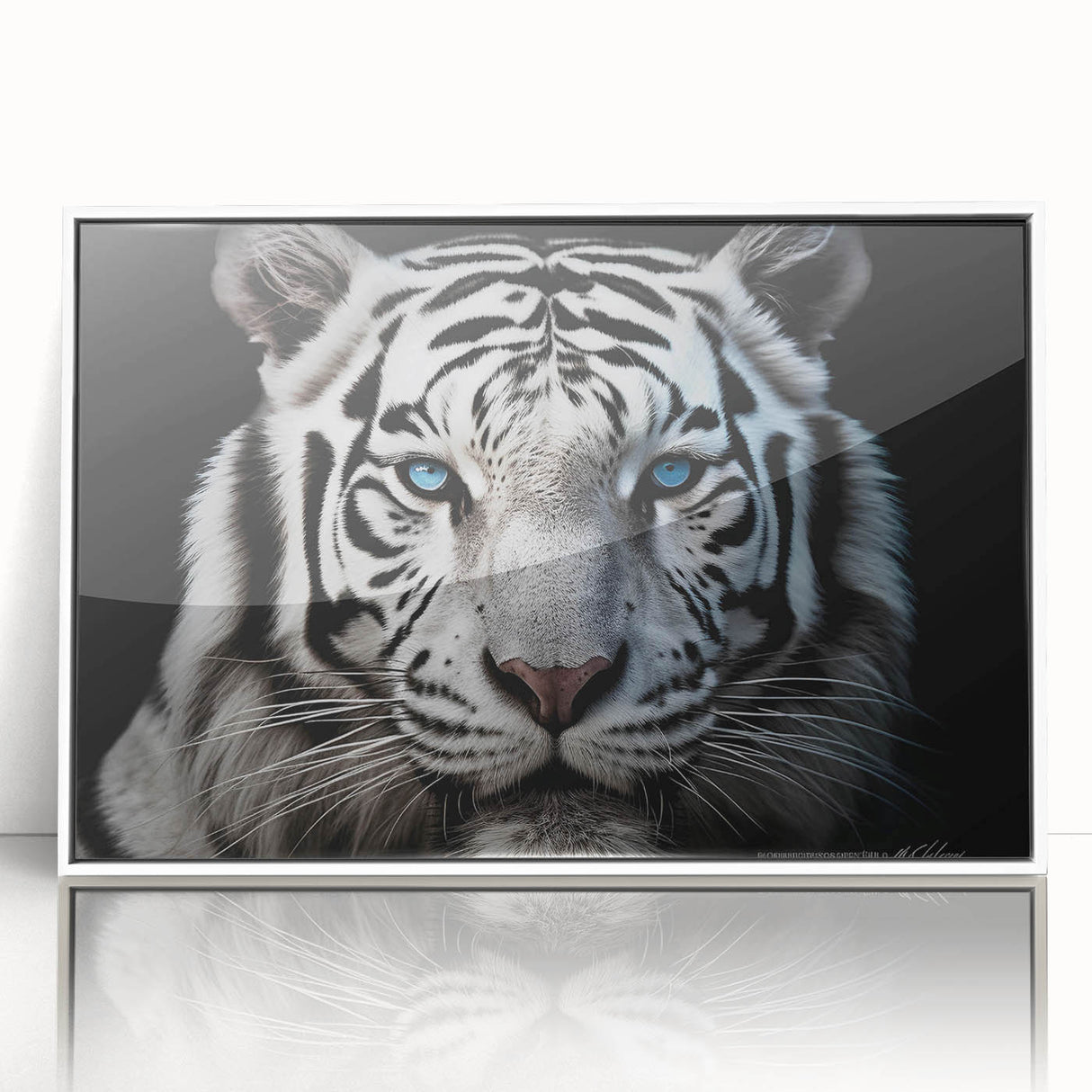 Framed wall art featuring a striking tiger design in vibrant colors, showcasing a white border and acrylic finish, perfect for wildlife-themed decor.