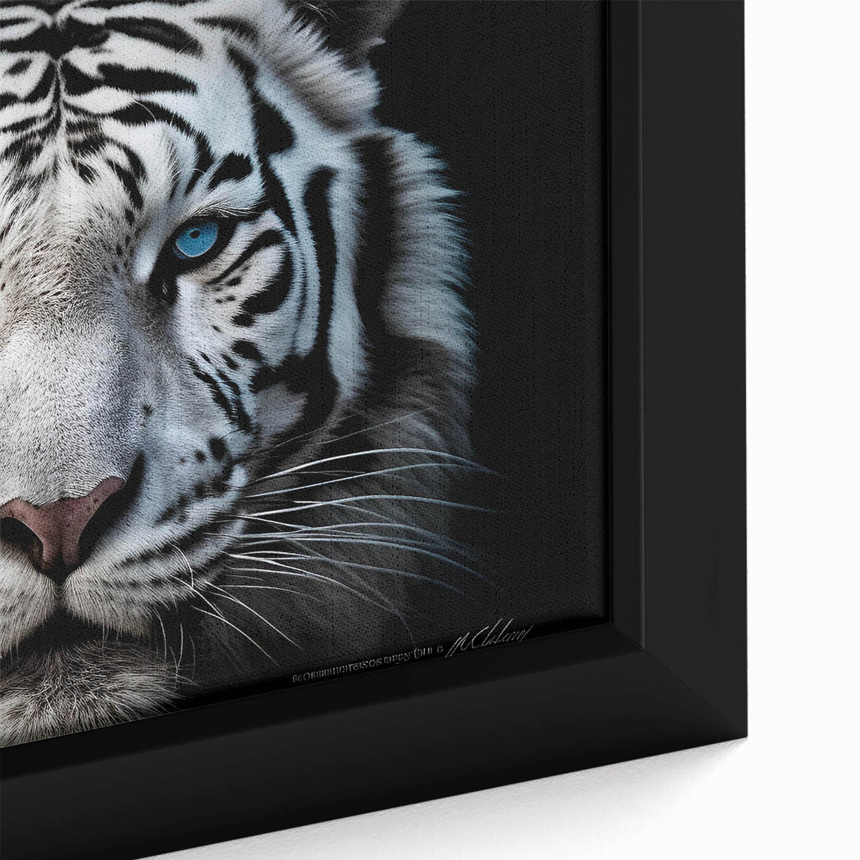 Close-up of a vibrant framed canvas wall art featuring a majestic tiger in a wild setting, showcasing intricate details and vivid colors, perfect for animal lovers and home decor enthusiasts. This artwork captures the essence of wildlife and adds a striking focal point to any room.