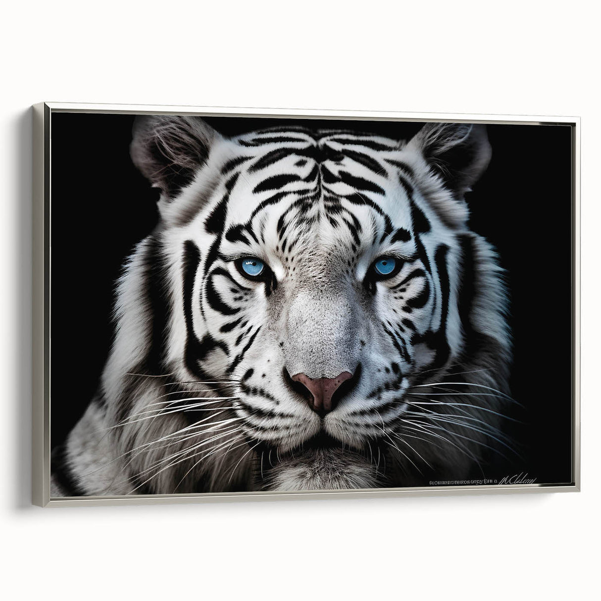 Framed canvas artwork showcasing a striking tiger design, featuring vibrant colors and intricate details, presented in a sleek silver frame, ideal for wildlife enthusiasts.