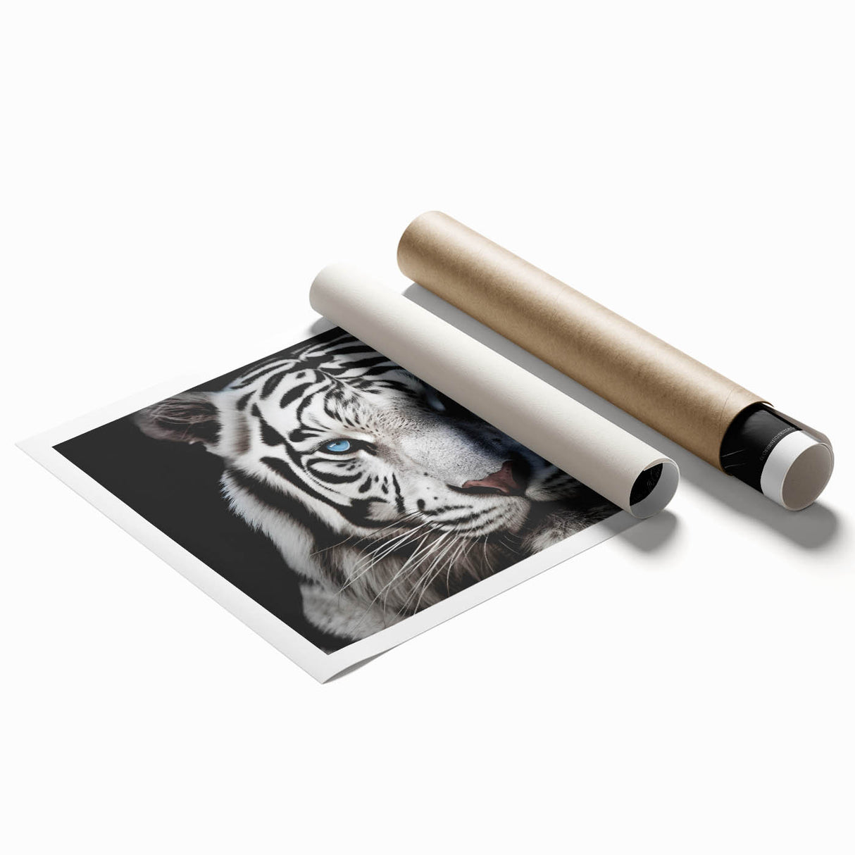 Vibrant rolled print showcasing a majestic tiger in a wild landscape, ideal for wildlife enthusiasts and home decor, emphasizing nature's beauty and strength.