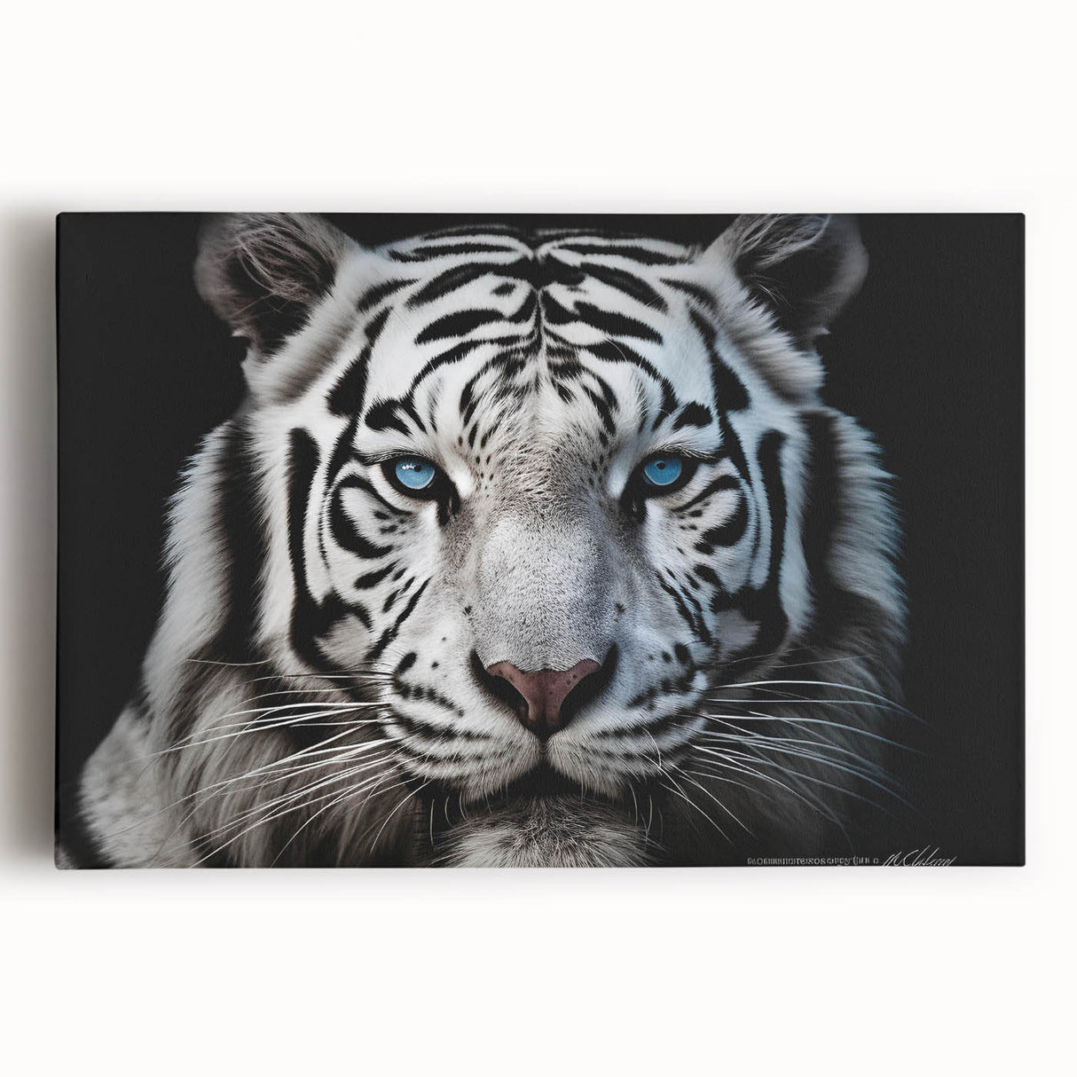 Stretched canvas artwork showcasing a vibrant, front view of a majestic tiger in a wild landscape, perfect for animal lovers and home decor enthusiasts. Ideal for adding a touch of nature to any space.