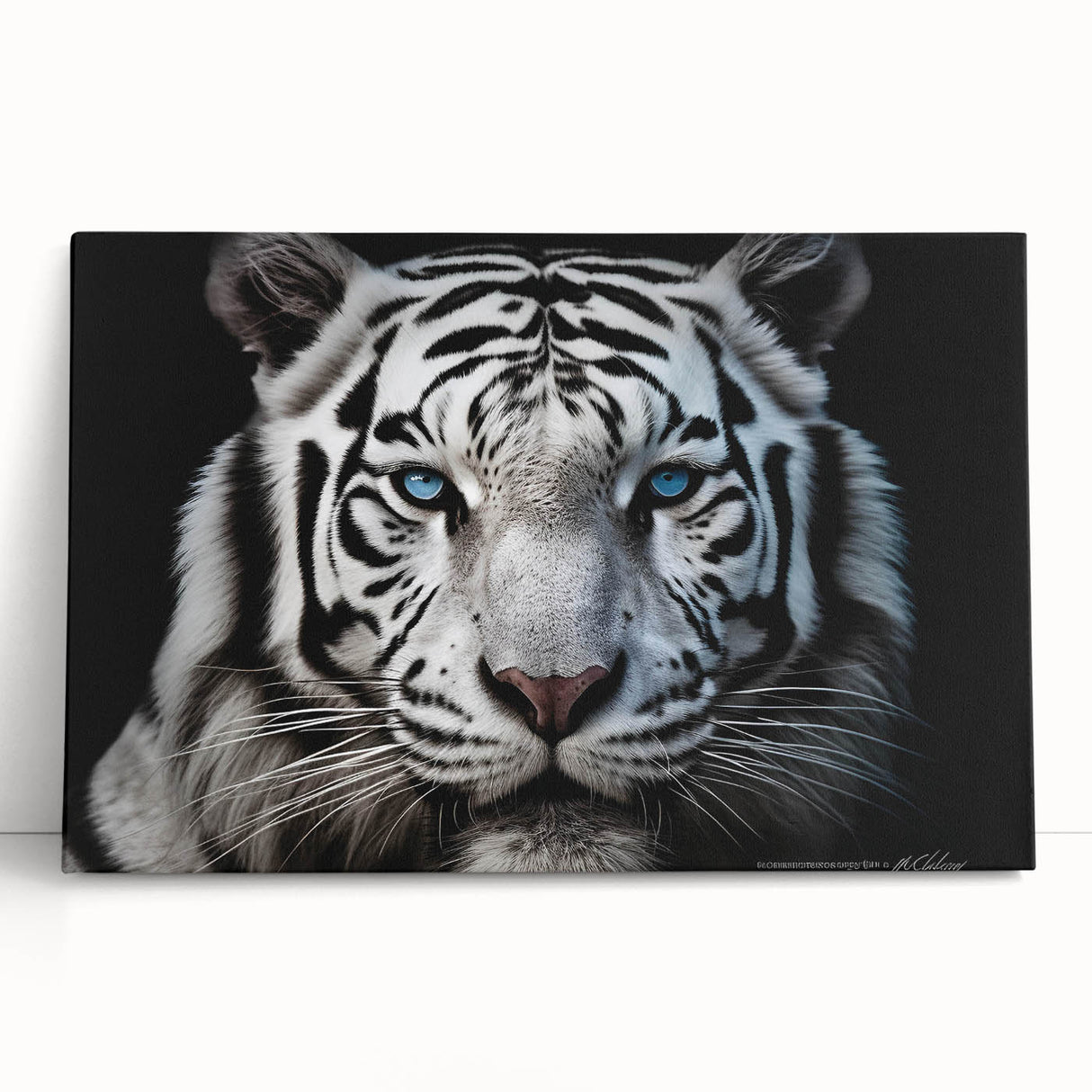Stretched canvas artwork showcasing a vibrant tiger design, leaning against a wall, featuring bold colors and intricate details, perfect for animal-themed decor.