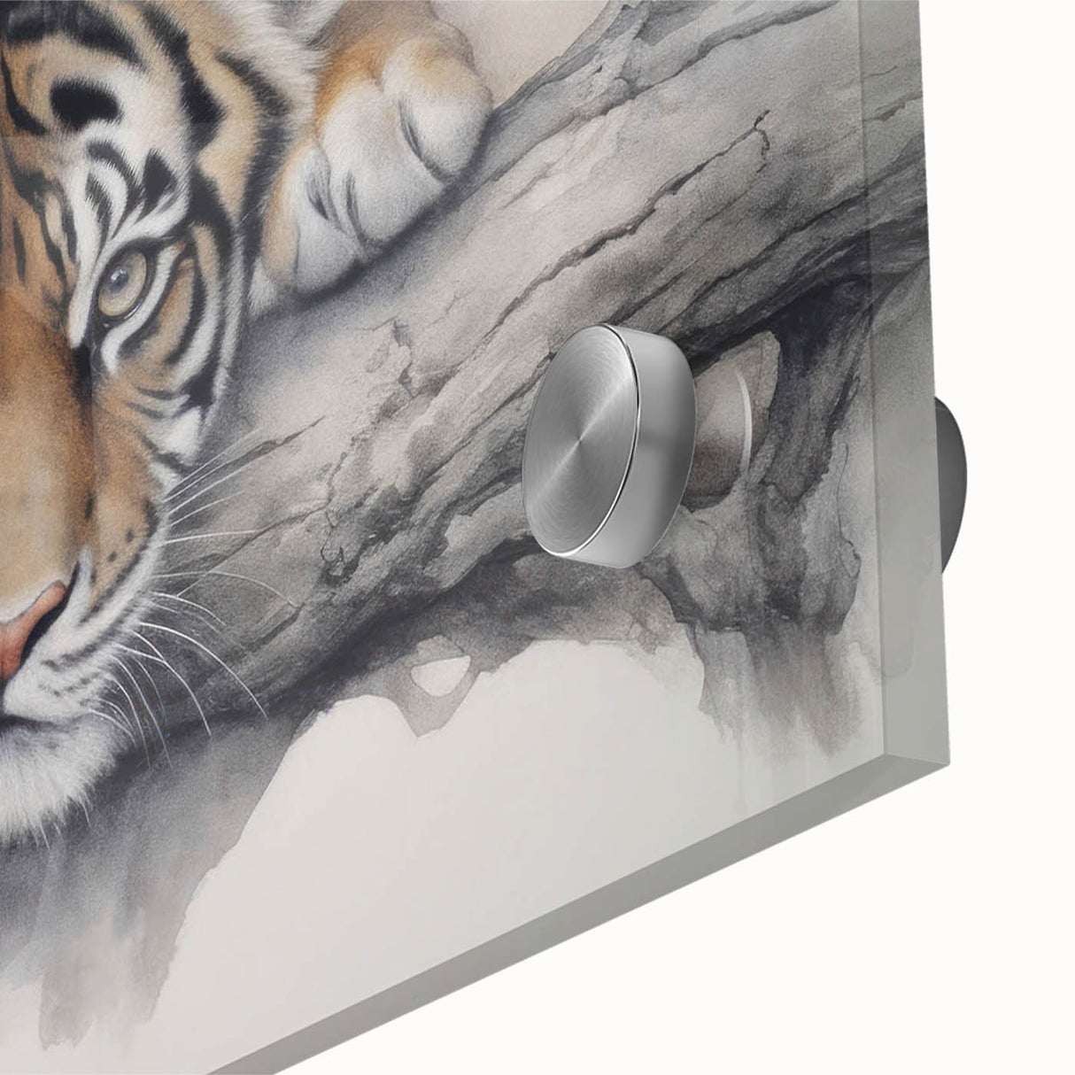 Close-up of a vibrant tiger wall art piece featuring intricate details and bold colors, perfect for wildlife enthusiasts and modern decor, showcased on sleek acrylic glass.
