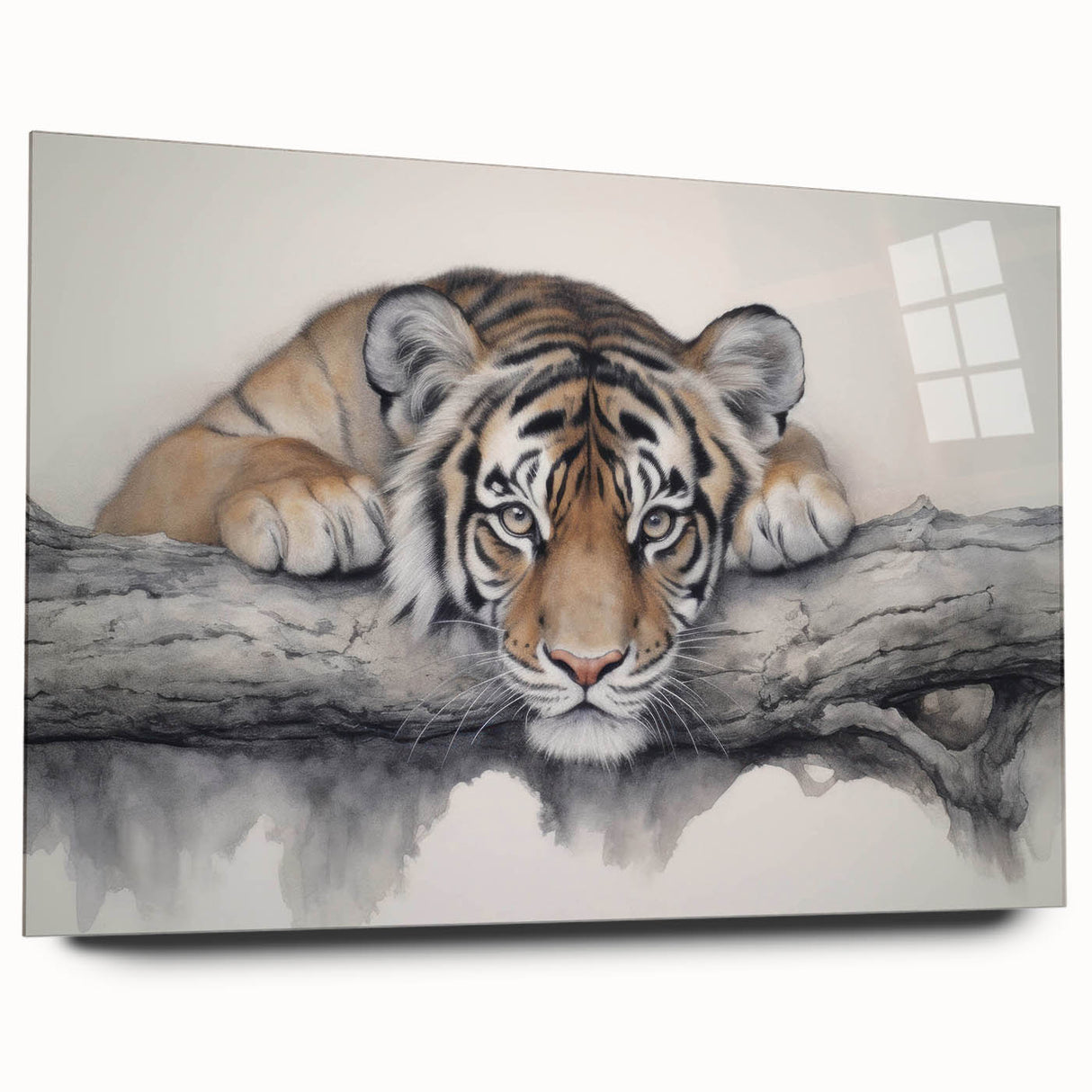 Vibrant acrylic wall art showcasing a striking side view of a tiger, emphasizing its majestic features and rich colors, perfect for wildlife enthusiasts and home decor.
