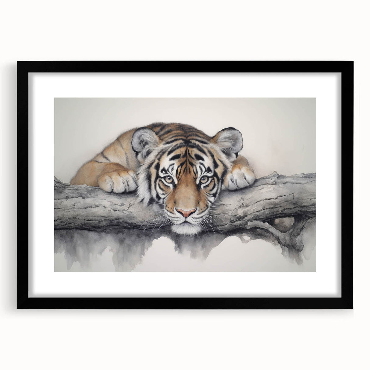 Framed wall art showcasing a striking tiger design in vibrant colors, set against a sleek black mat. Ideal for wildlife lovers and home decor enthusiasts.