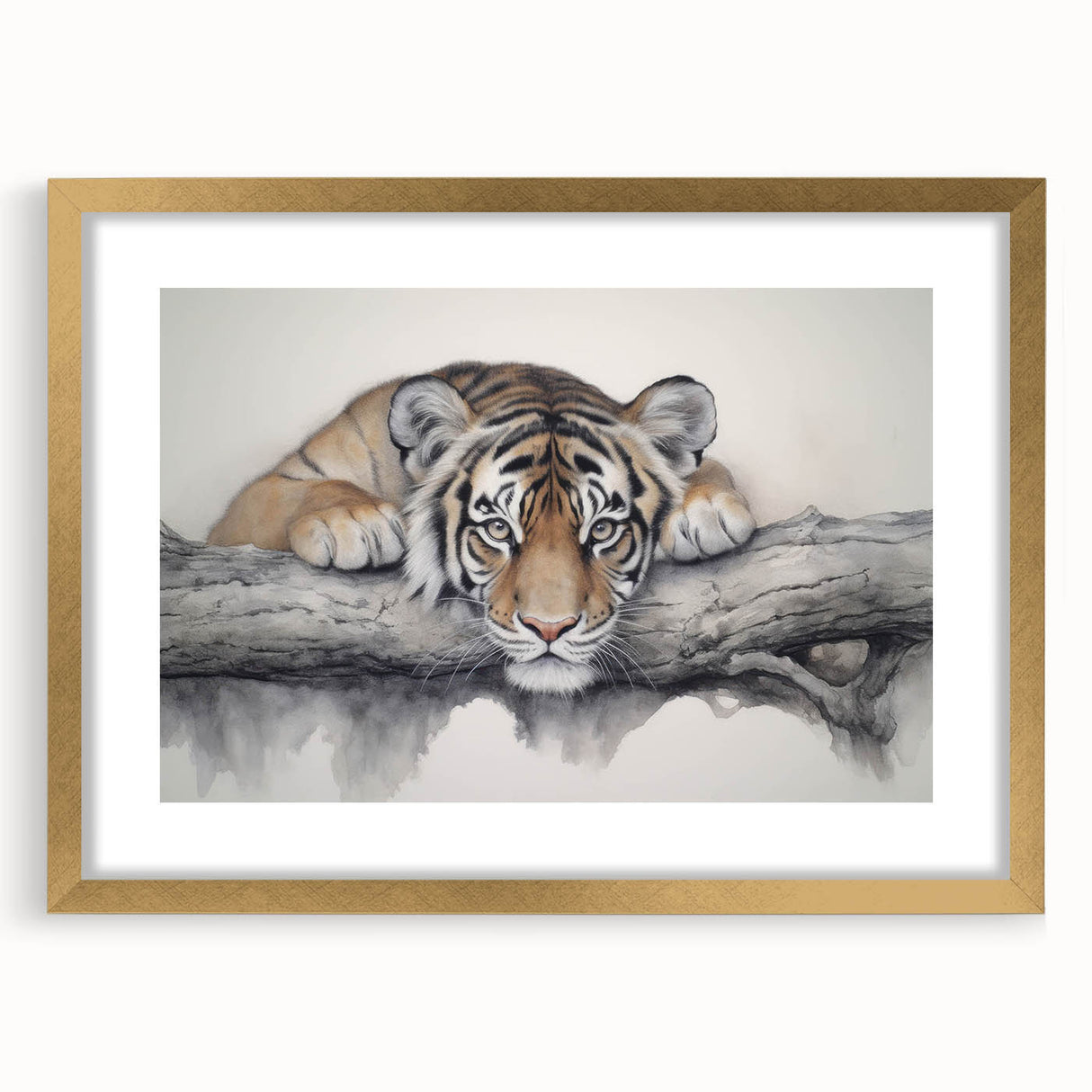 Gold-framed wall art featuring a stunning tiger design, showcasing vibrant colors and intricate details, perfect for enhancing any wildlife-themed decor.
