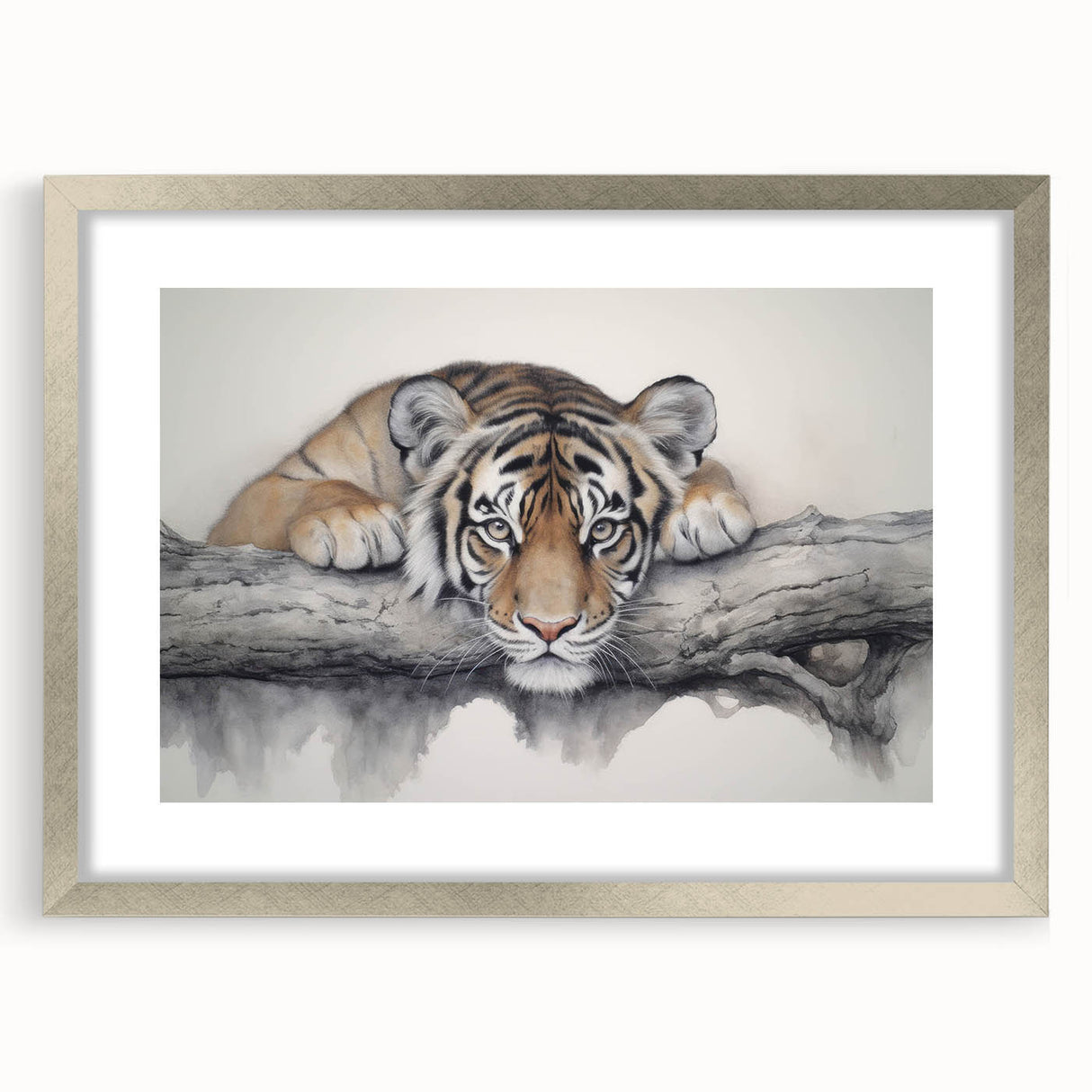 Framed wall art collection showcasing a striking tiger design in vibrant colors, set against a sleek silver frame with a mat, ideal for wildlife enthusiasts and home decor.