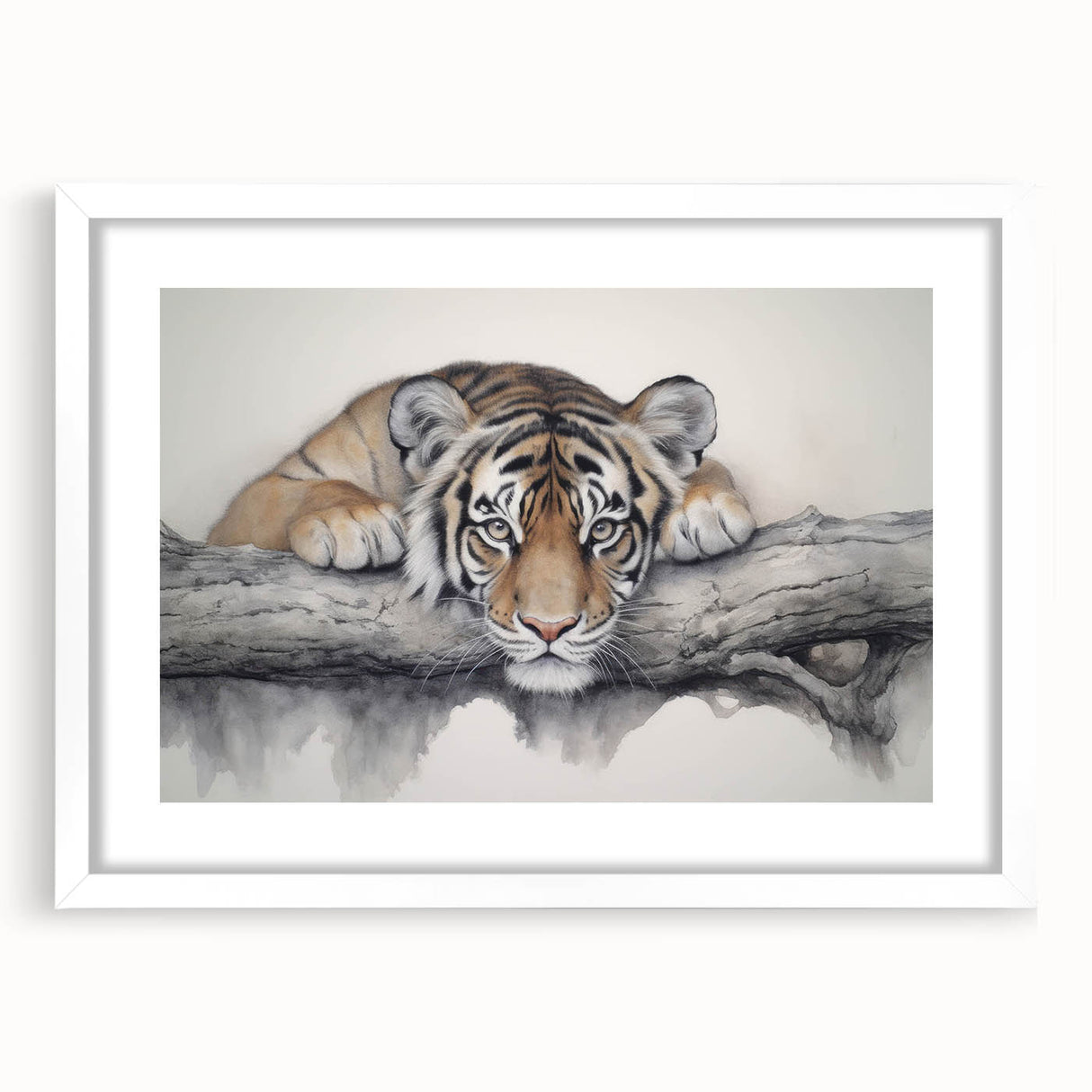 Framed wall art showcasing a striking tiger design in vibrant colors, complete with a white mat for an elegant presentation, ideal for animal lovers.