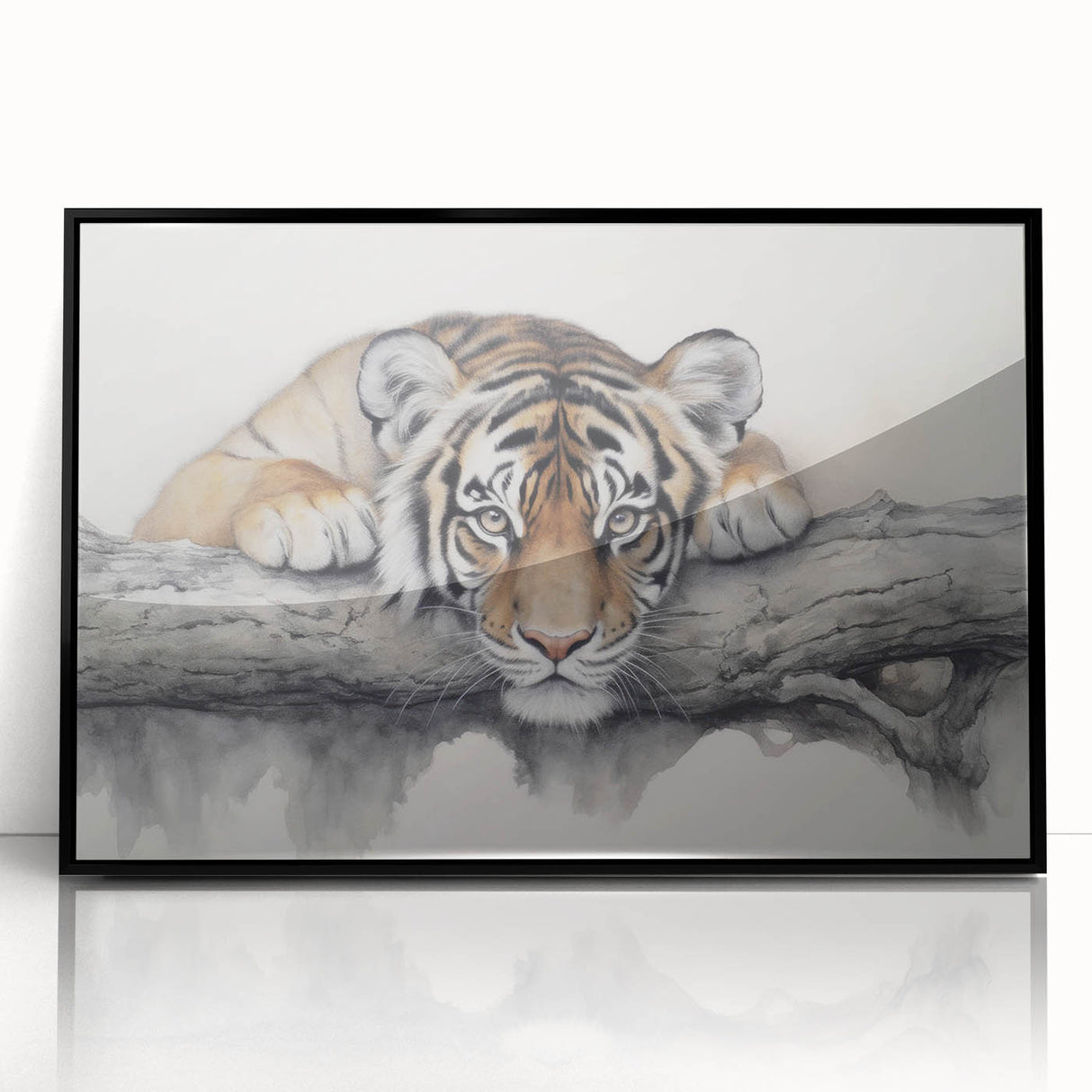 Framed wall art featuring a striking tiger design in vibrant colors, showcasing intricate details and a sleek black frame, ideal for wildlife enthusiasts.