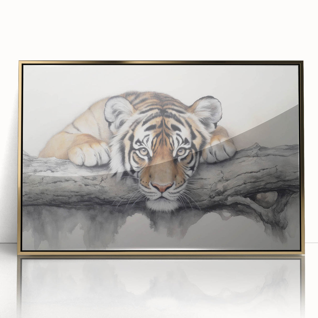 Framed wall art featuring a striking tiger design in vibrant colors with a gold-accented frame, showcasing a wild animal theme ideal for home decor.