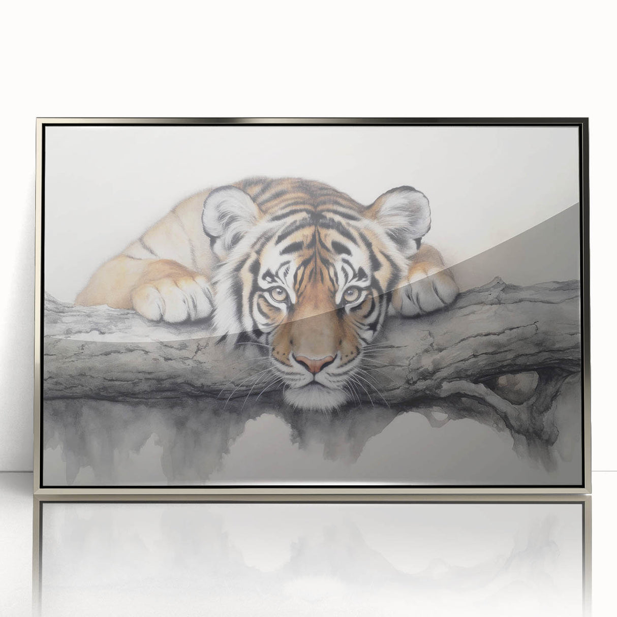 Framed wall art featuring a striking silver-accented tiger design, showcasing vibrant colors and intricate details, ideal for wildlife enthusiasts' decor.
