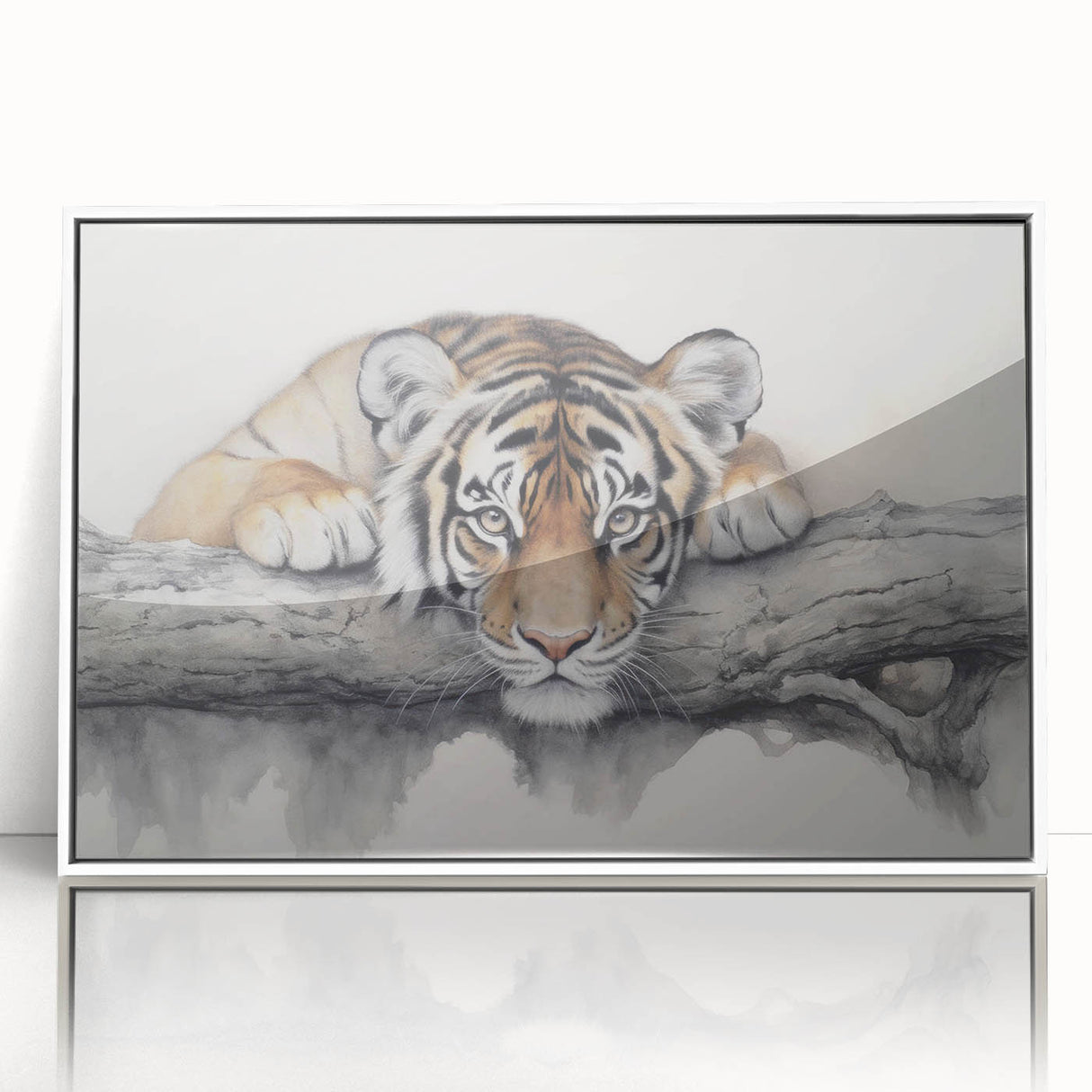 Framed acrylic wall art featuring a striking tiger design, showcasing vibrant colors and intricate details, perfect for animal lovers and home decor enthusiasts.