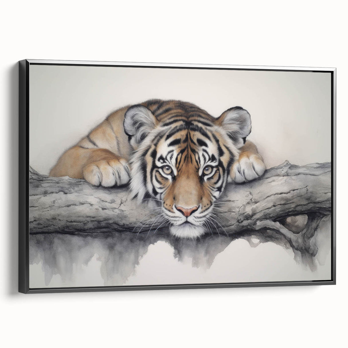 Framed canvas wall art showcasing a striking tiger design in vibrant colors, presented from a black side view, perfect for wildlife enthusiasts and home decor.