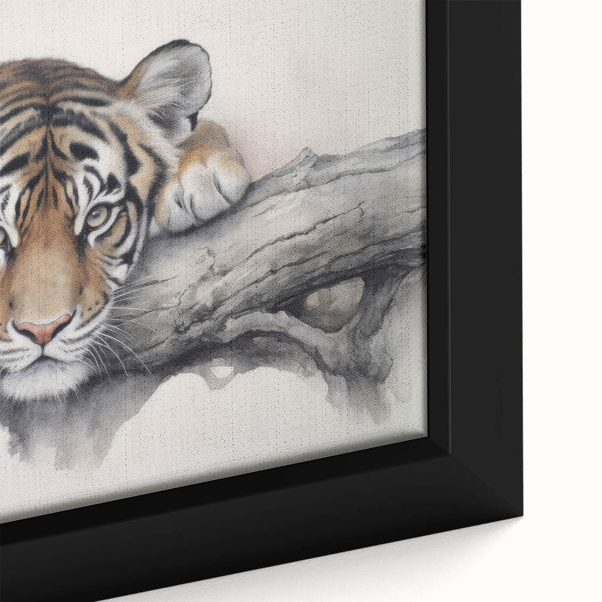Close-up view of a framed canvas artwork featuring a striking tiger design, showcasing vibrant orange and black stripes against a natural background, perfect for wildlife enthusiasts.