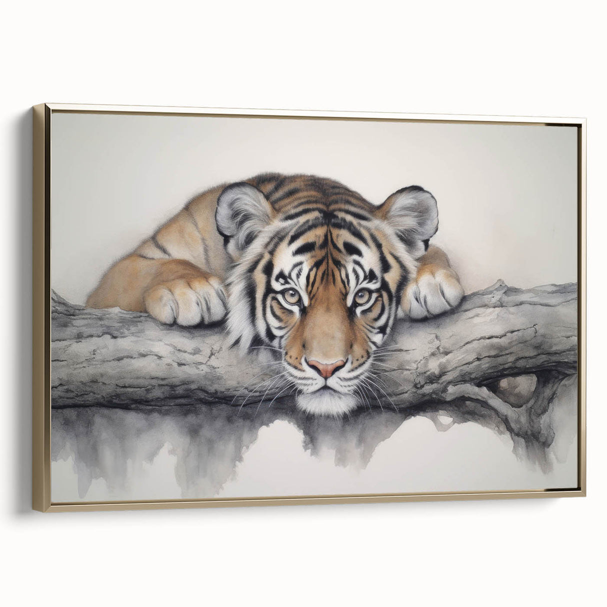 Framed wall art featuring a striking tiger design in vibrant colors, showcasing the majestic animal in a gold-accented frame, perfect for wildlife enthusiasts.