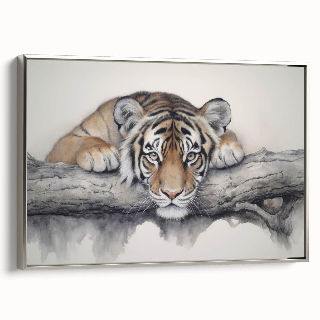 Framed canvas wall art featuring a stunning silver side view of a tiger in its natural habitat, showcasing vibrant colors and intricate detail, perfect for wildlife enthusiasts.