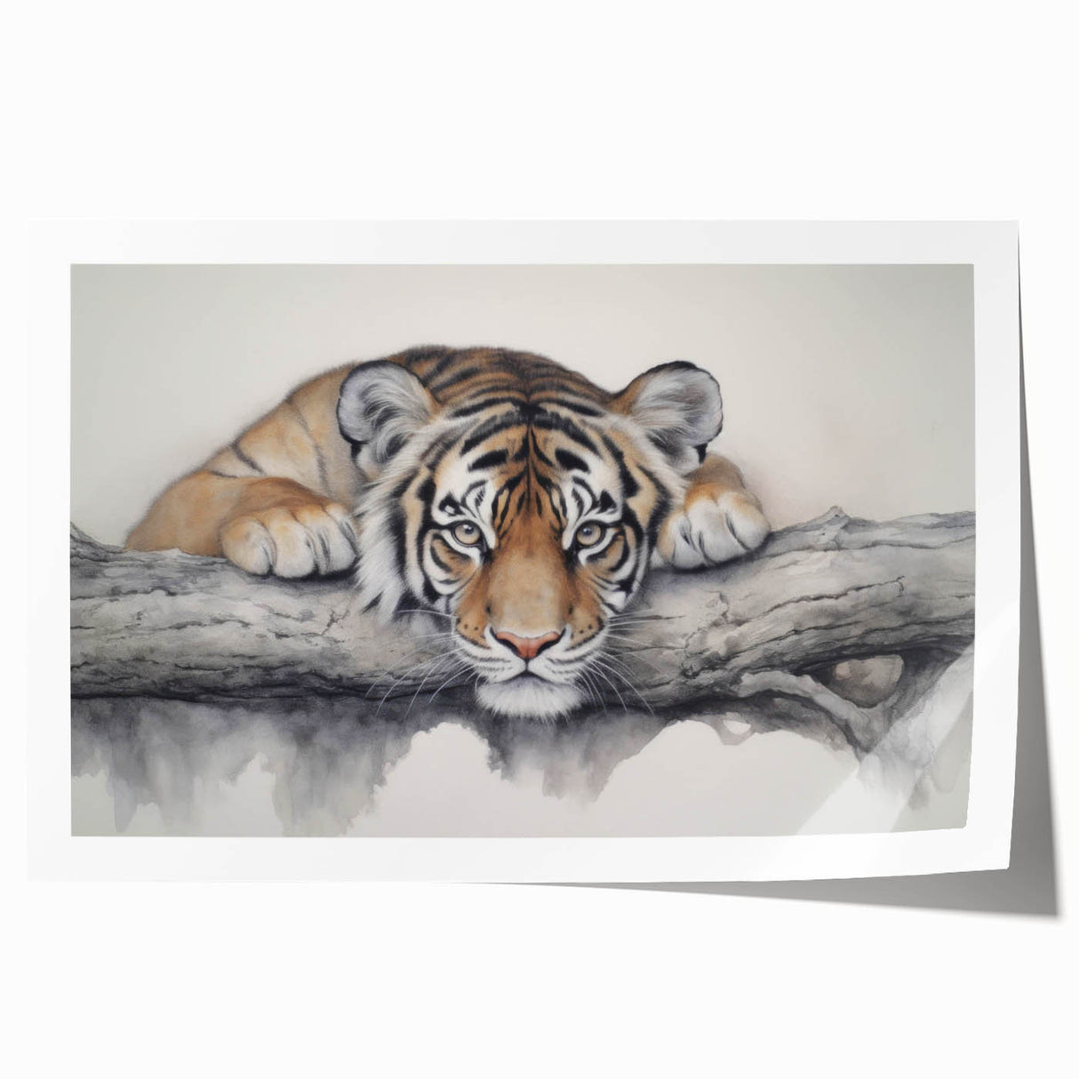 Majestic tiger wall art print showcasing vibrant orange and black stripes, perfect for animal lovers and wildlife enthusiasts. Ideal for home decor or office spaces.