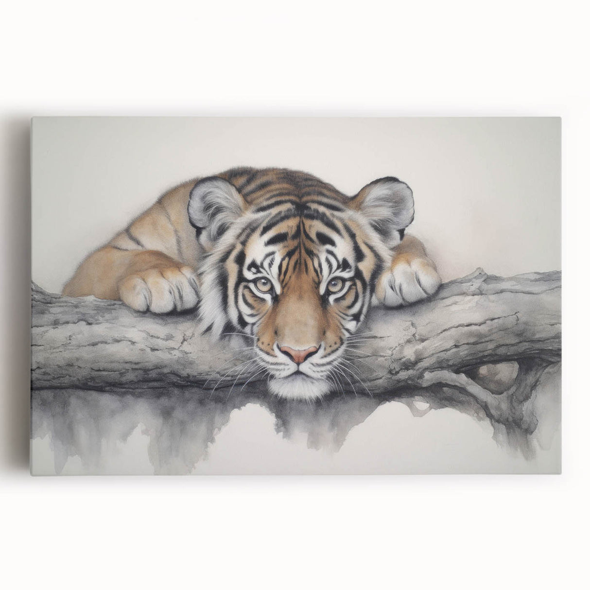Front view of a vibrant tiger design stretched canvas wall art, showcasing bold colors and intricate details, perfect for wildlife enthusiasts and home decor.