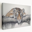 Stretched canvas wall art showcasing a vibrant side view of a majestic tiger, featuring intricate details and vivid colors, perfect for animal lovers and home decor enthusiasts.