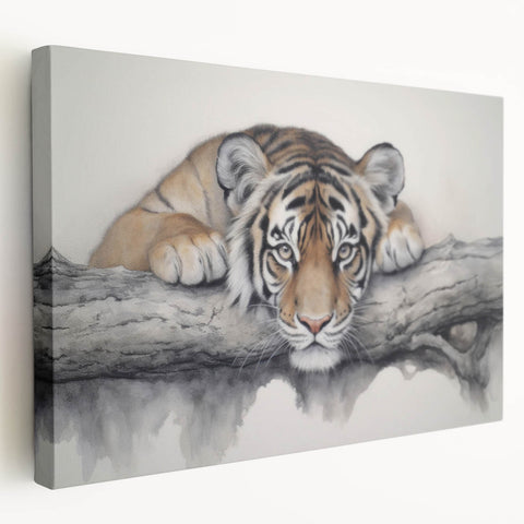 Stretched canvas wall art showcasing a vibrant side view of a majestic tiger, featuring intricate details and vivid colors, perfect for animal lovers and home decor enthusiasts.