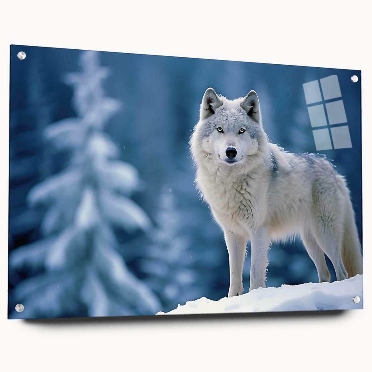 Side view of a wolf design wall art piece made from acrylic glass, showcasing intricate details and vibrant colors, displayed with pins for mounting.