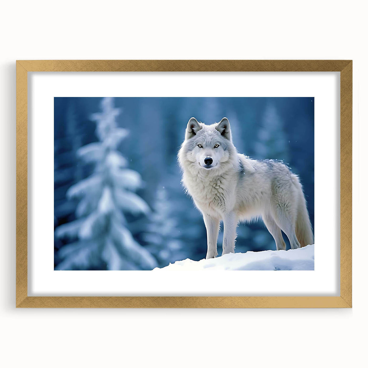 Wolf-themed wall art in a gold frame, showcasing a striking design of a wild wolf, perfect for nature enthusiasts and home decor lovers. This collection adds a touch of elegance and wilderness to any space.