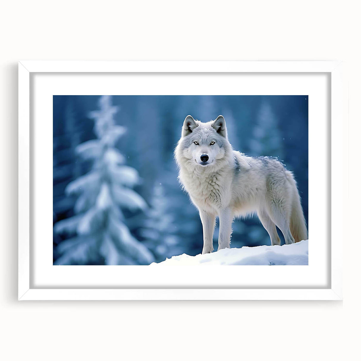 Front view of a framed wall art collection showcasing a striking wolf design, featuring a white mat and sleek frame that enhances the artwork's natural beauty.