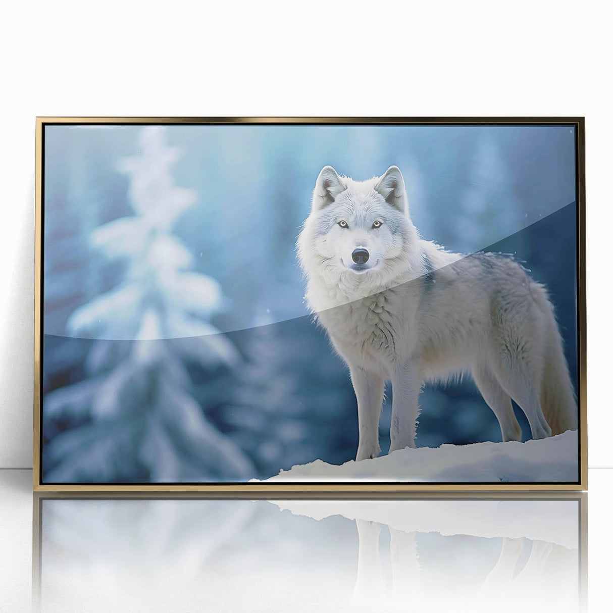 Framed wall art design featuring a stunning wolf in a wild landscape, highlighted with a gold-acrylic finish, perfect for nature enthusiasts and home decor.
