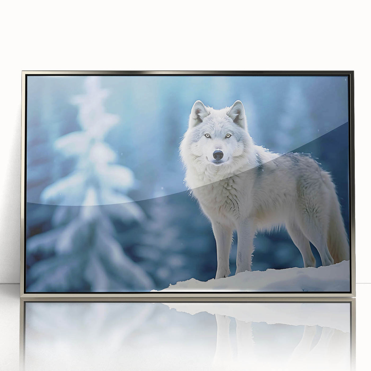 Framed wall art featuring a striking wolf design in acrylic with a sleek silver frame, showcasing detailed fur texture and a captivating gaze, perfect for animal lovers' decor.