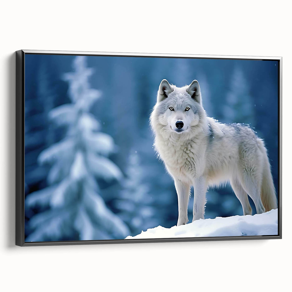 Framed canvas wall art showcasing a striking black-and-white wolf design, highlighting intricate details and textures, perfect for wildlife enthusiasts and modern decor.