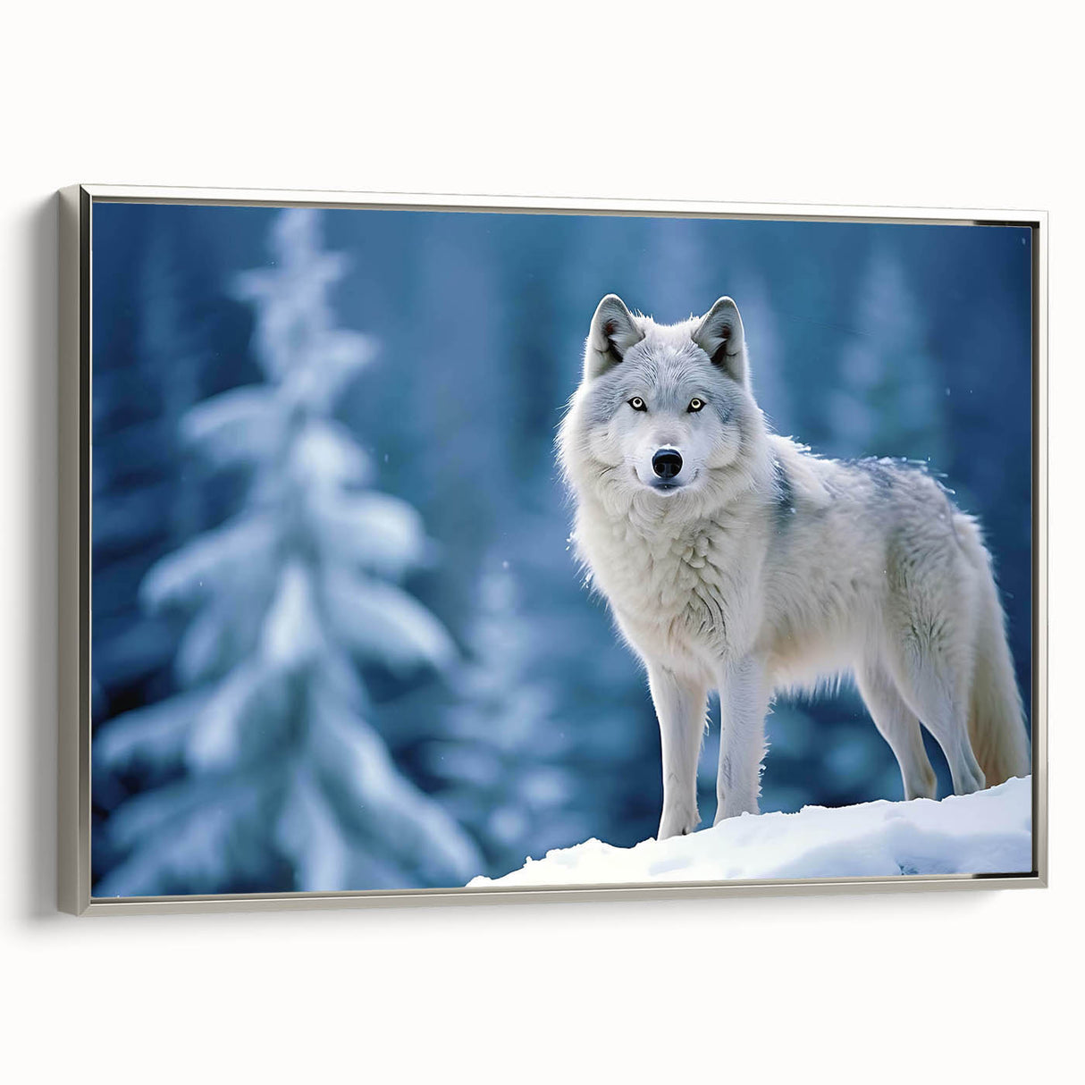 Framed wall art featuring a striking silver-accented wolf design, showcasing intricate details and vibrant colors, perfect for wildlife enthusiasts and modern decor.