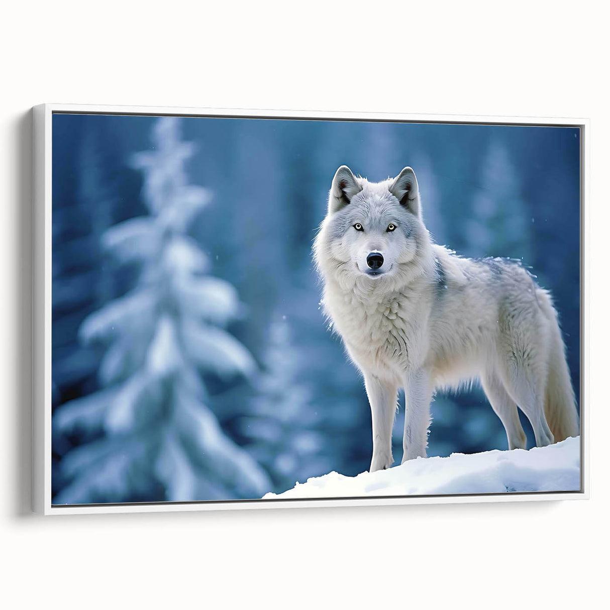 Framed canvas wall art featuring a striking wolf design, showcasing detailed fur textures and vibrant colors, displayed against a white background. Perfect for nature enthusiasts and home decor.