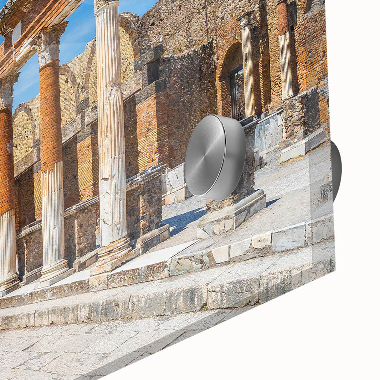 Mid-century modernist style acrylic print of ancient ruins in muted earth tones, ideal for dining room art.