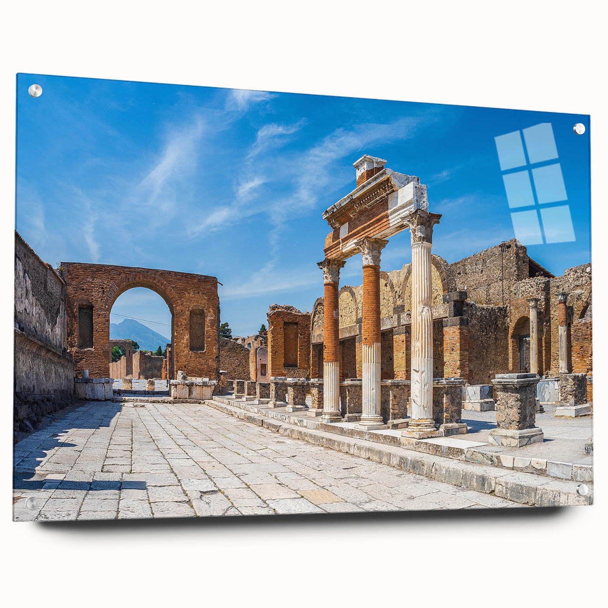 Acrylic print of ancient ruins in muted earth tones, suitable for dining room or bedroom decor.