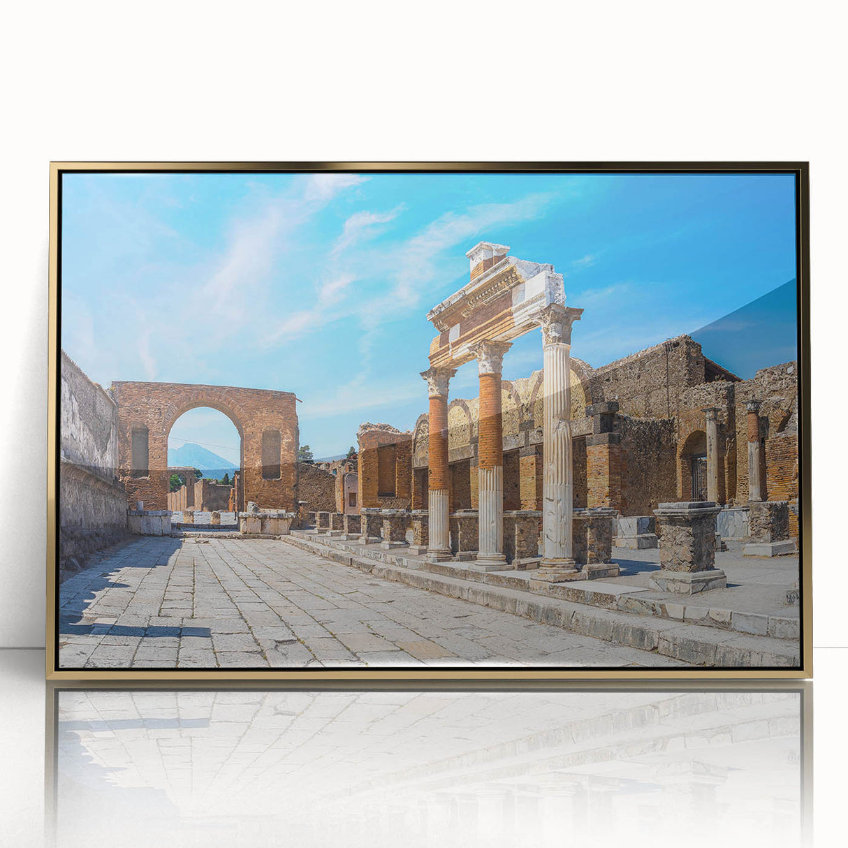 Mid-century modernist large art print of ancient ruins in muted gold tones, framed acrylic, ideal for modern art wall decor.