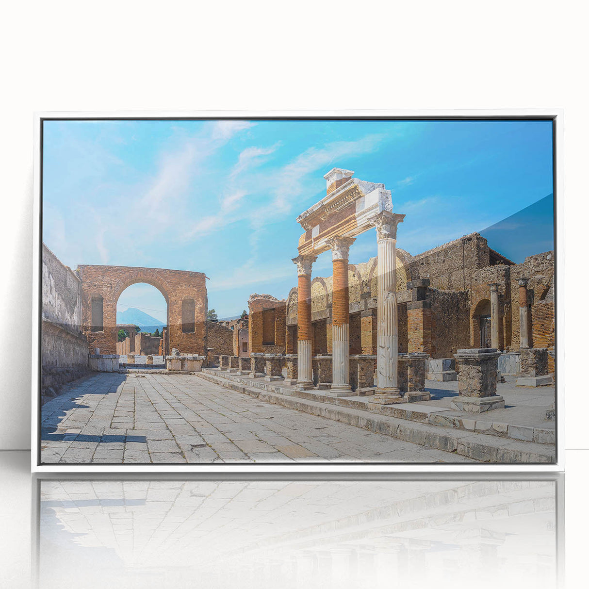 Art Deco poster of ancient ruins in muted earth tones, framed acrylic, ideal for modern nursery wall art.