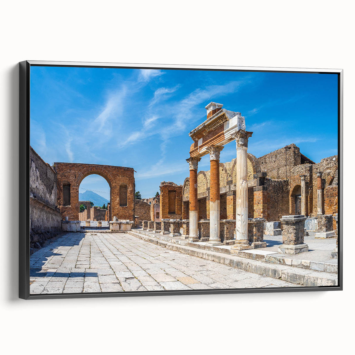 Black and white framed canvas of ancient ruins landscape, ideal for bedroom wall decor.