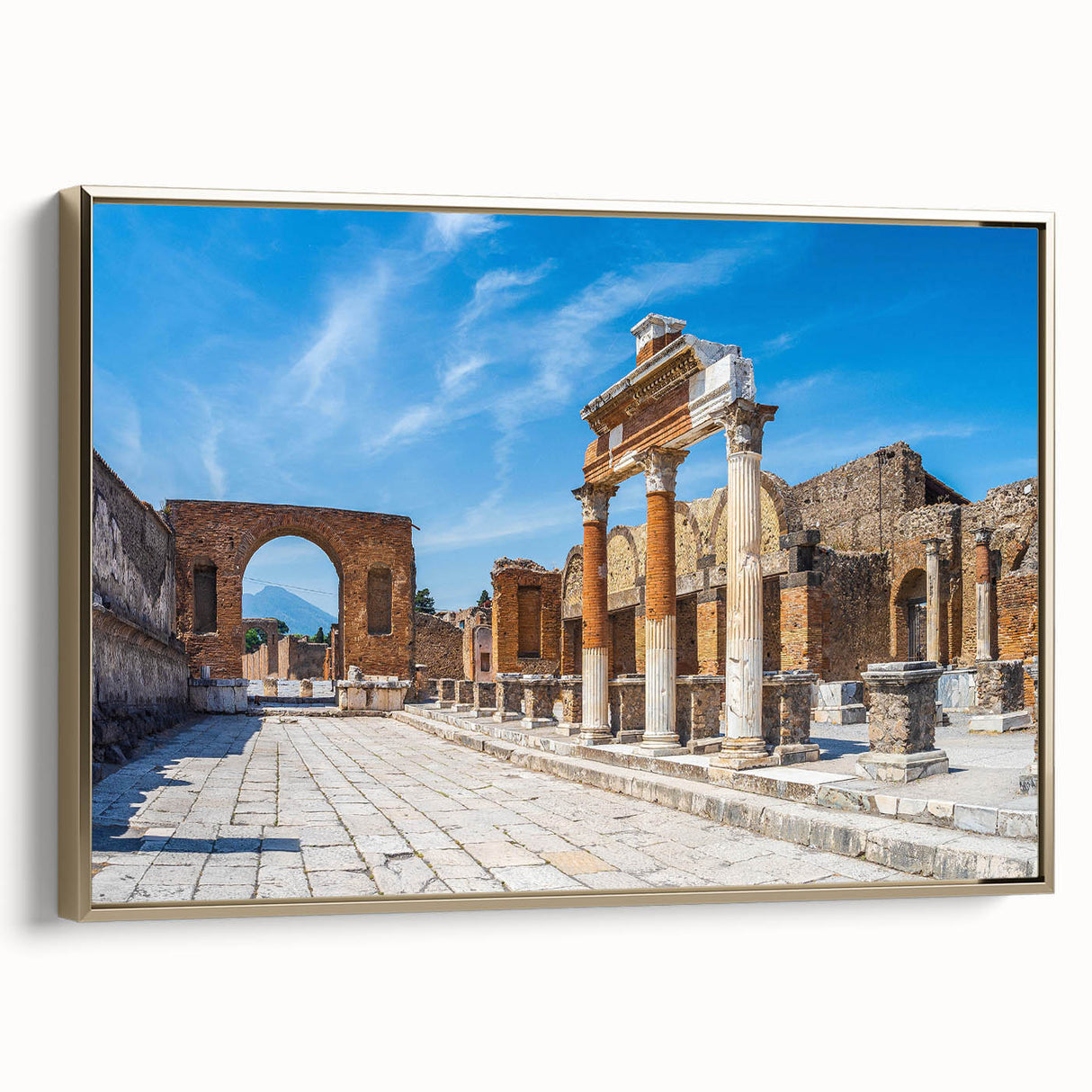 Framed canvas of ancient ruins in black and gold tones, ideal for bedroom wall art.