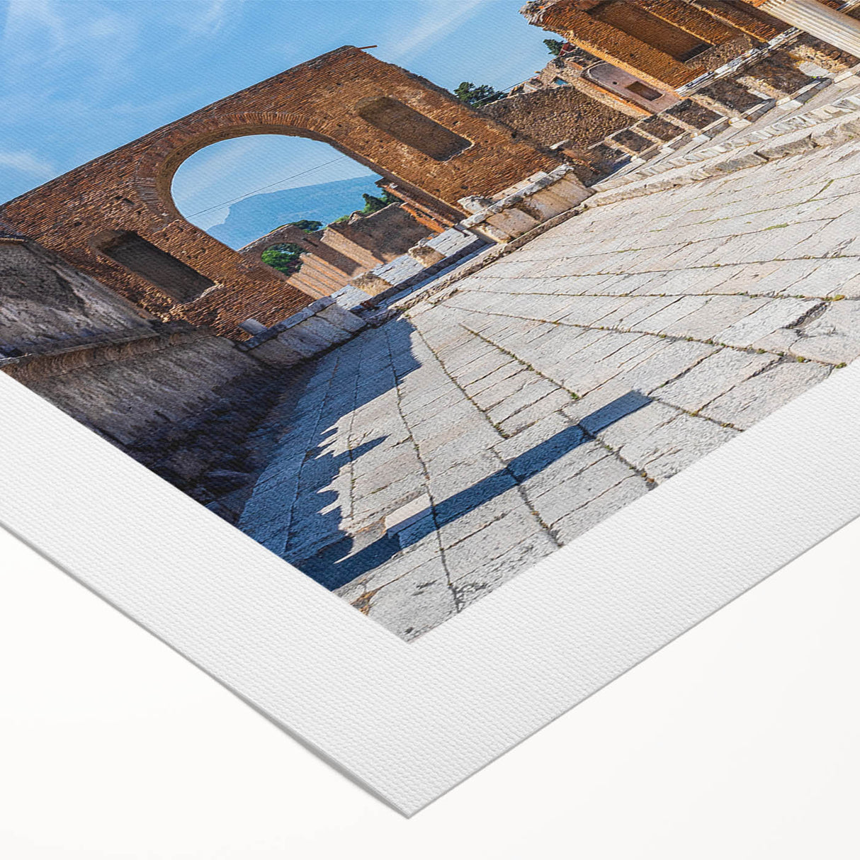 Art deco poster of ancient ruins in muted beige and brown tones on rolled canvas, suitable for dining room or bathroom.