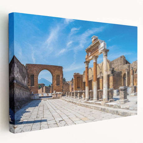 Side view of a stretched canvas featuring ancient ruins in muted earth tones, suitable for kitchen wall art.