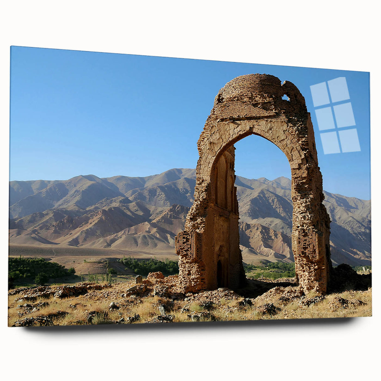 Large abstract wall art of ancient ruins in muted earth tones on acrylic glass, ideal for bedroom or dining room decor.