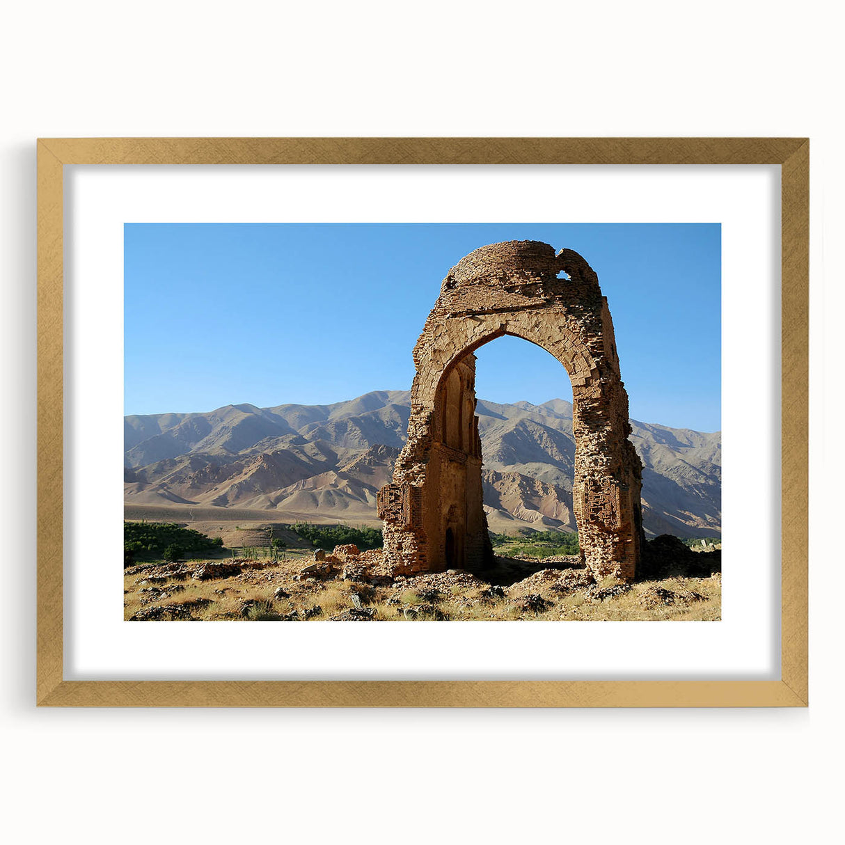 Extra large wall art of abstract ancient ruins in textured gold, ideal for living room decor.