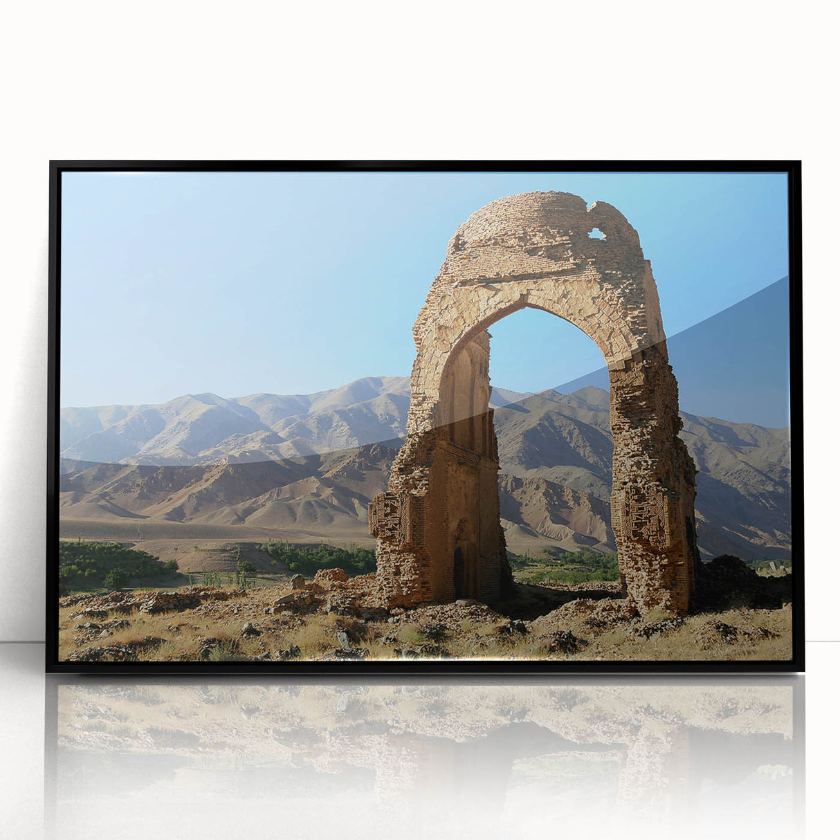 Large abstract wall art depicting ancient ruins in muted earth tones, framed in black acrylic, suitable for modern decor.
