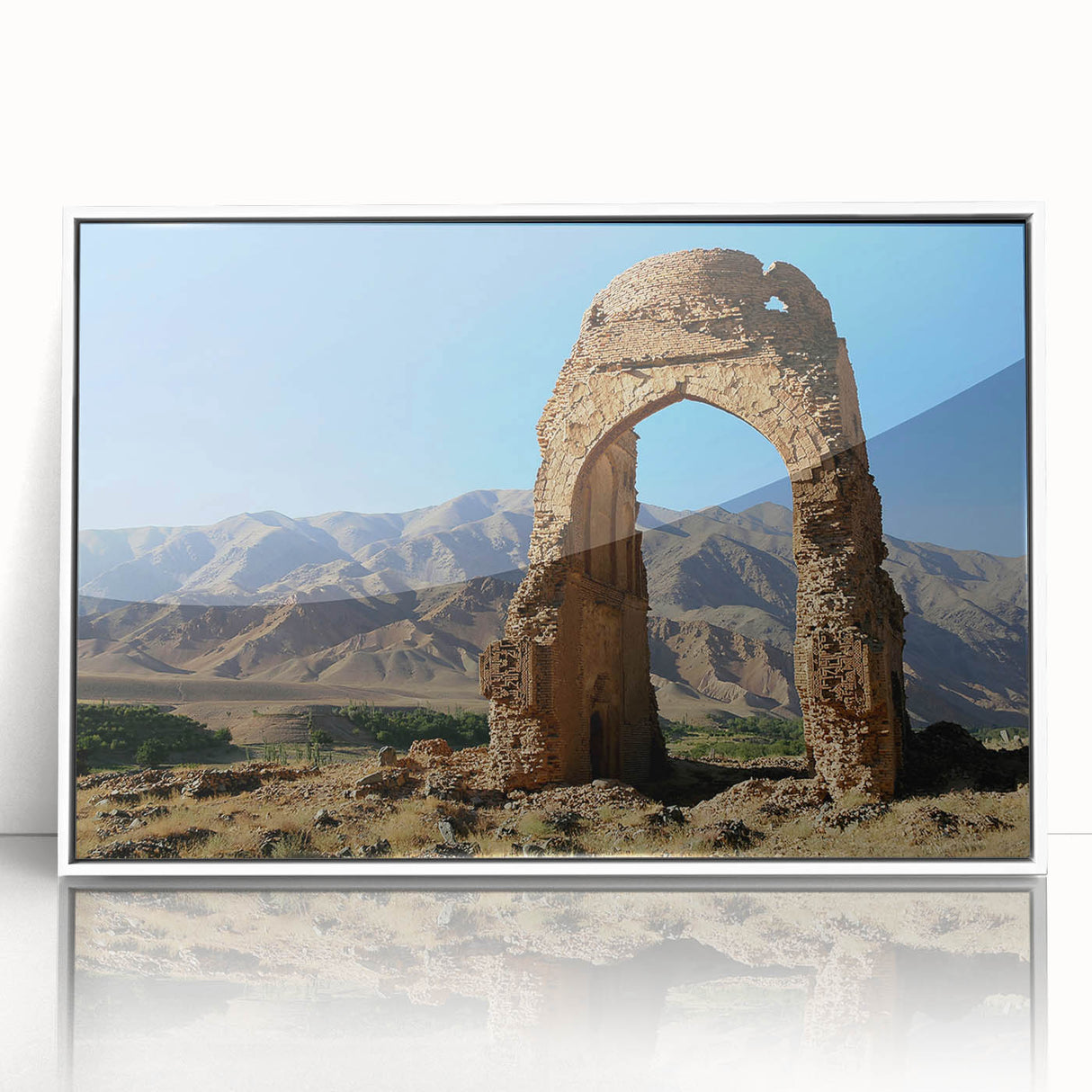 Art Deco poster of ancient ruins in muted earth tones, framed acrylic, ideal for modern art wall decor in a nursery.