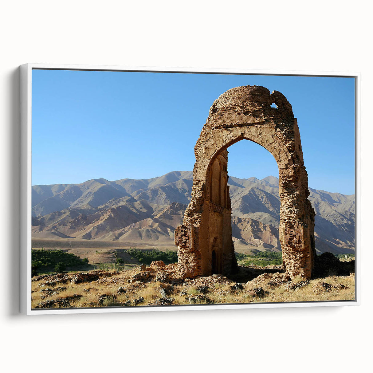 Vintage poster art of ancient ruins in colorful hues on a large framed canvas, ideal for living room decor.