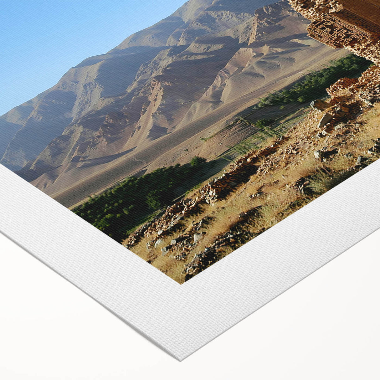 Art deco poster of ancient ruins in muted earth tones on rolled canvas, suitable for dining room decor.