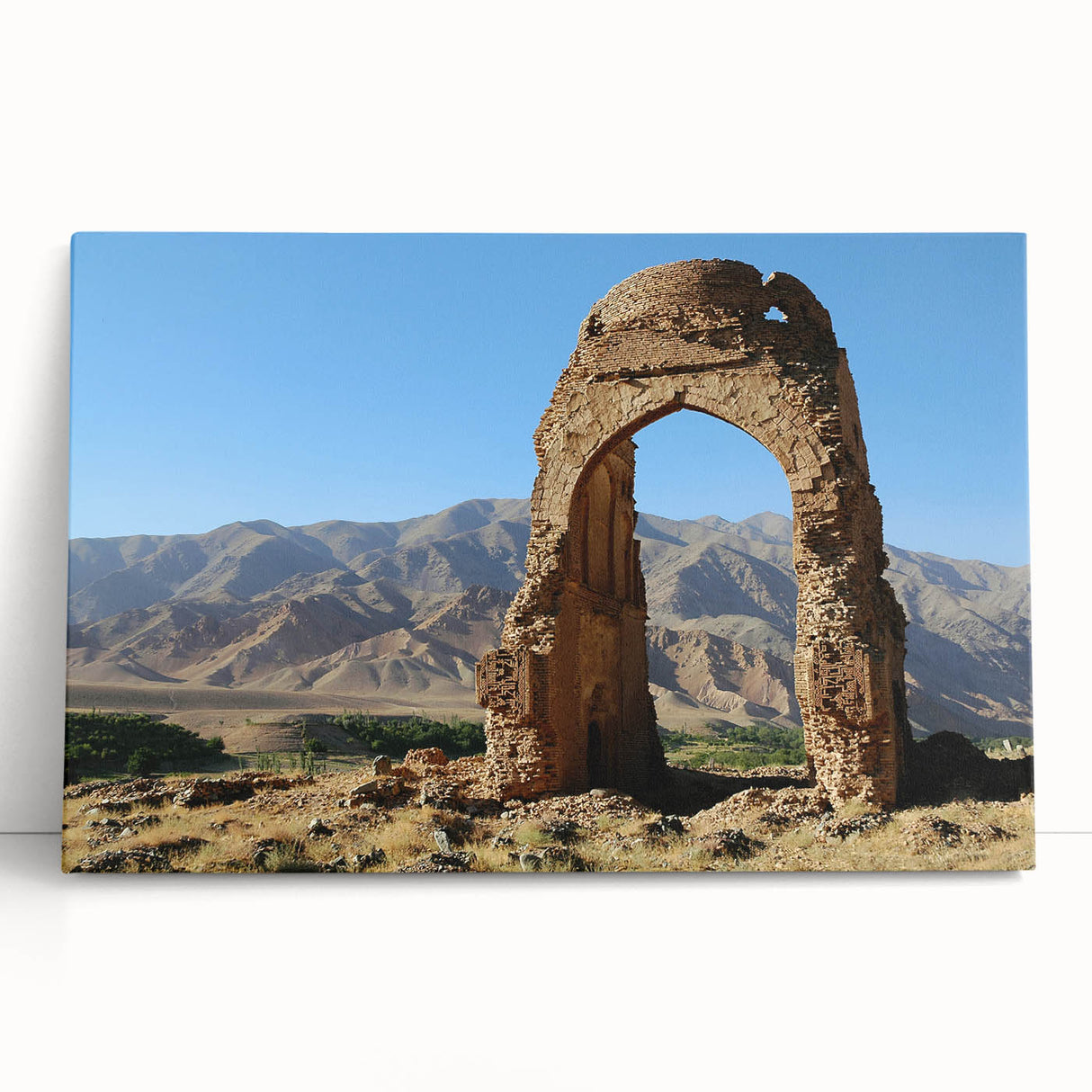 Black and white print of ancient ruins on stretched canvas, suitable as large kitchen wall art or for a bedroom.