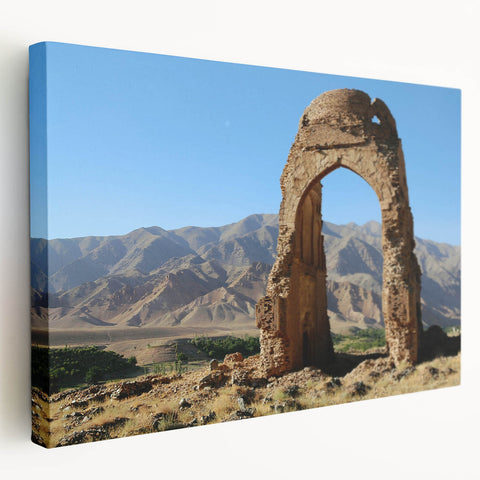 Side view of a large canvas print featuring ancient architectural ruins in earth tones, suitable for kitchen wall art.