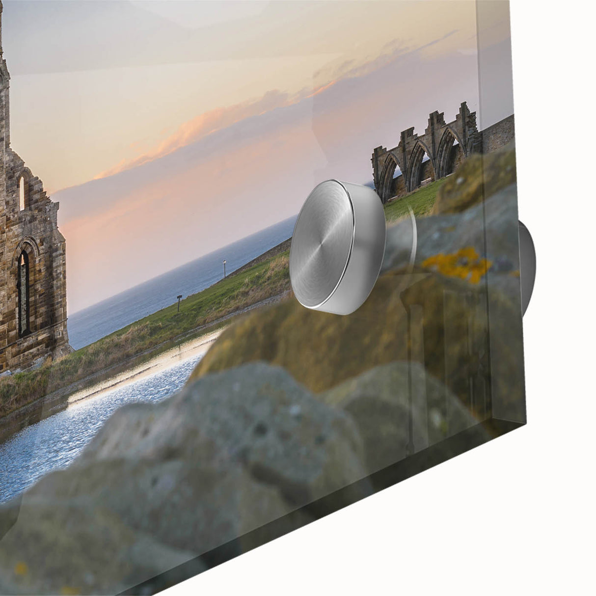 Mid-century modernist large abstract art print of ancient ruins in muted earth tones on acrylic glass.